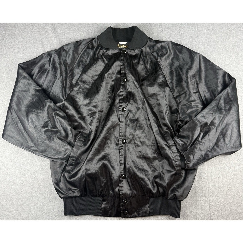 Vintage Auburn Sportswear Stevens Transport Satin Jacket Black Snap USA L